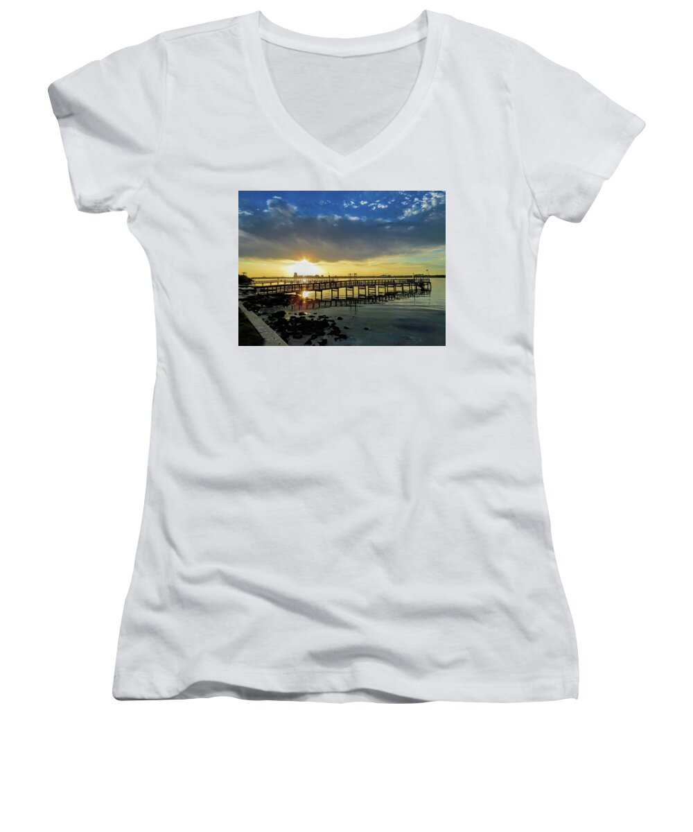 Sunrise Women's V-Neck featuring the photograph Sunrise over the Bay by A H Kuusela
