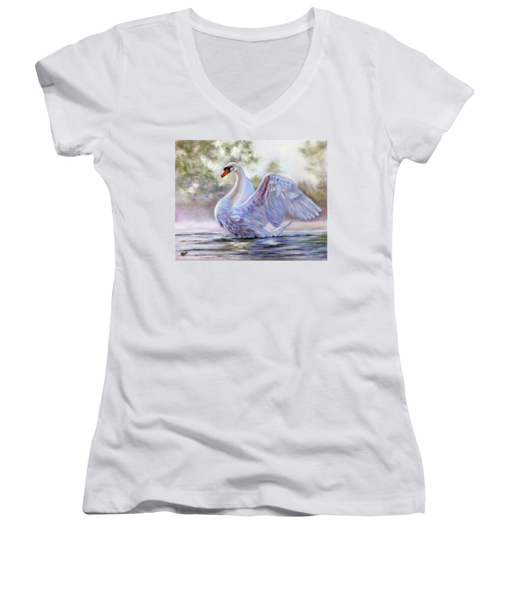Swan Women's V-Neck featuring the painting Swan Lake by Dr Pat Gehr