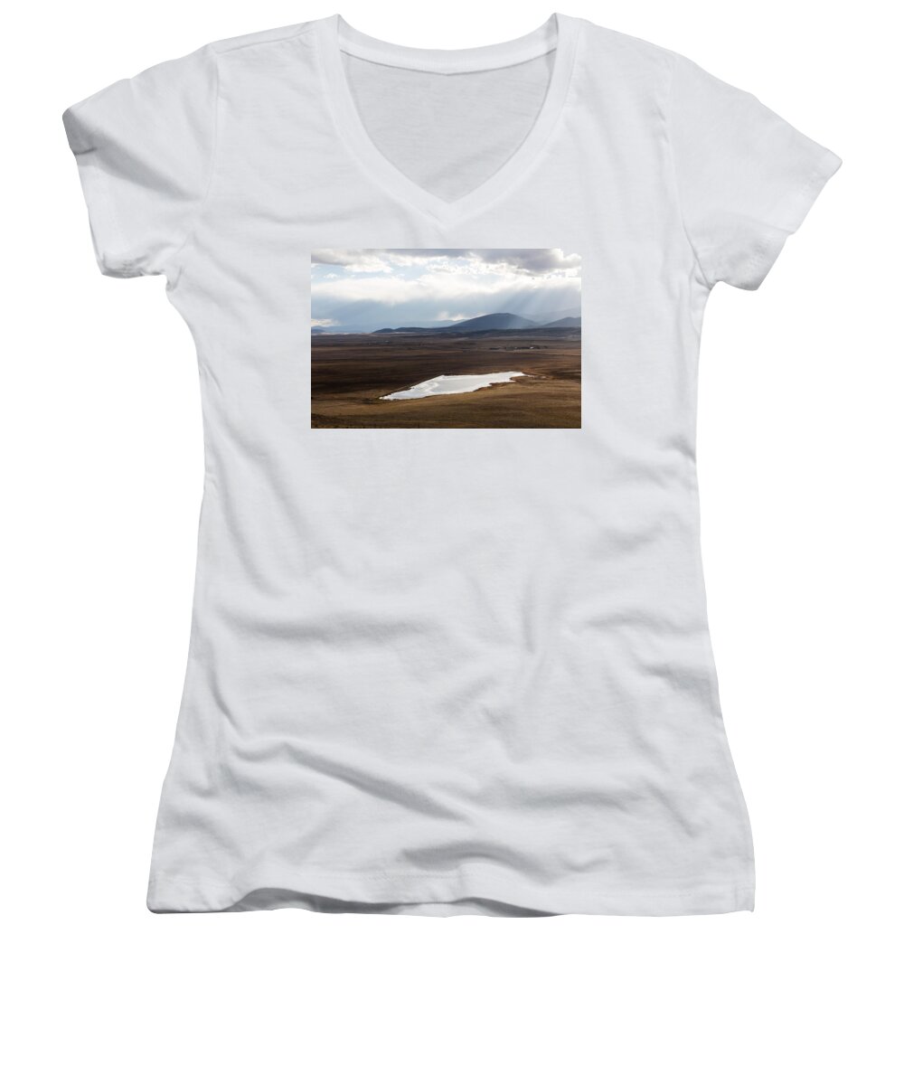 Carol M. Highsmith Women's V-Neck featuring the photograph Sweeping plain and a small lake between mountain foothills near Fairplay in Park County by Carol M Highsmith