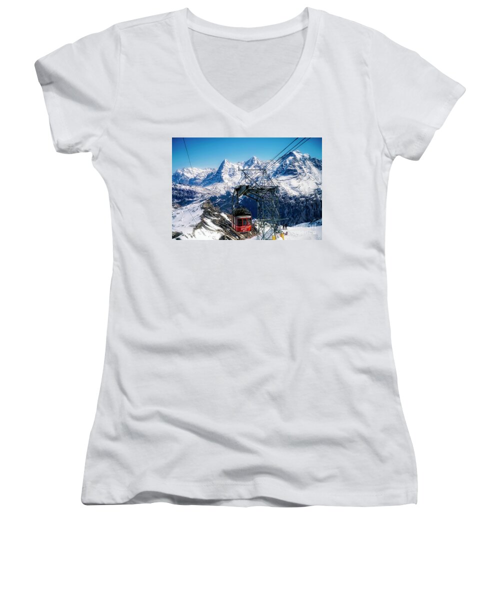 Switzerland Women's V-Neck featuring the photograph Switzerland Alps Schilthorn Bahn Cable Car by Tom Jelen