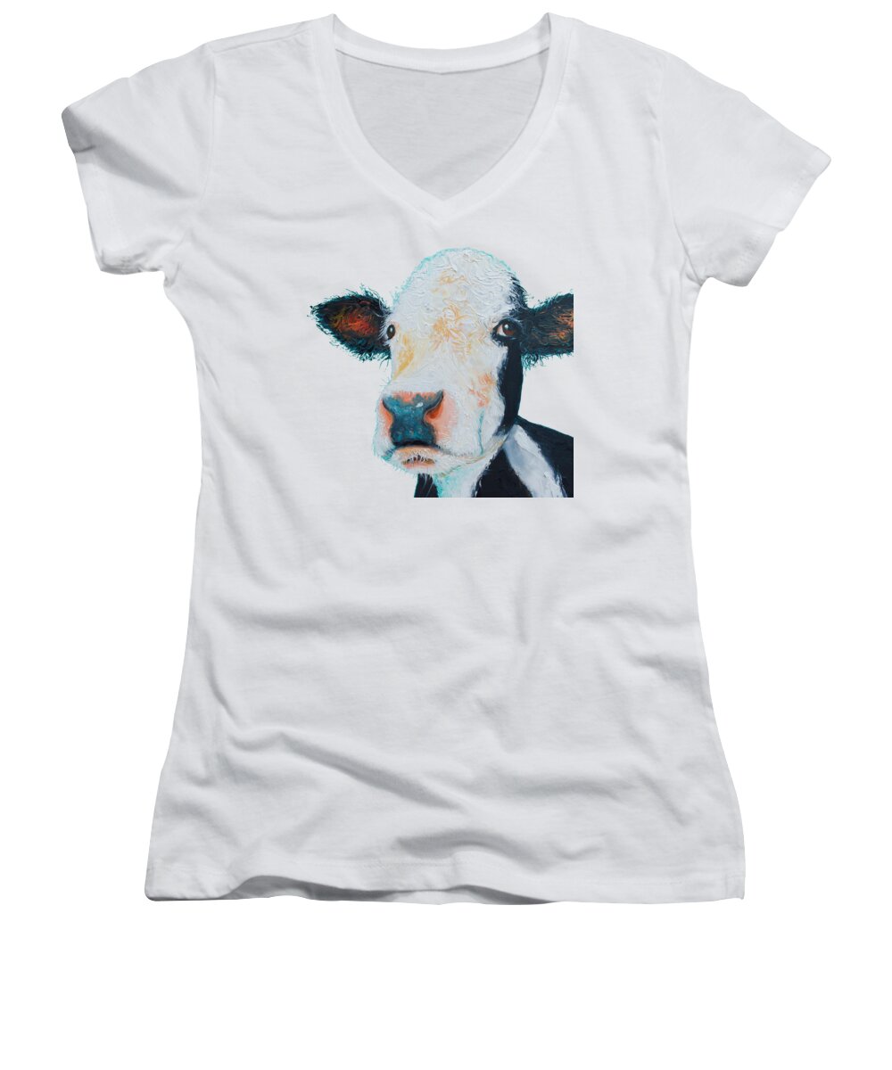 Hereford Cow Women's V-Neck featuring the painting T-Shirt with cow design by Jan Matson