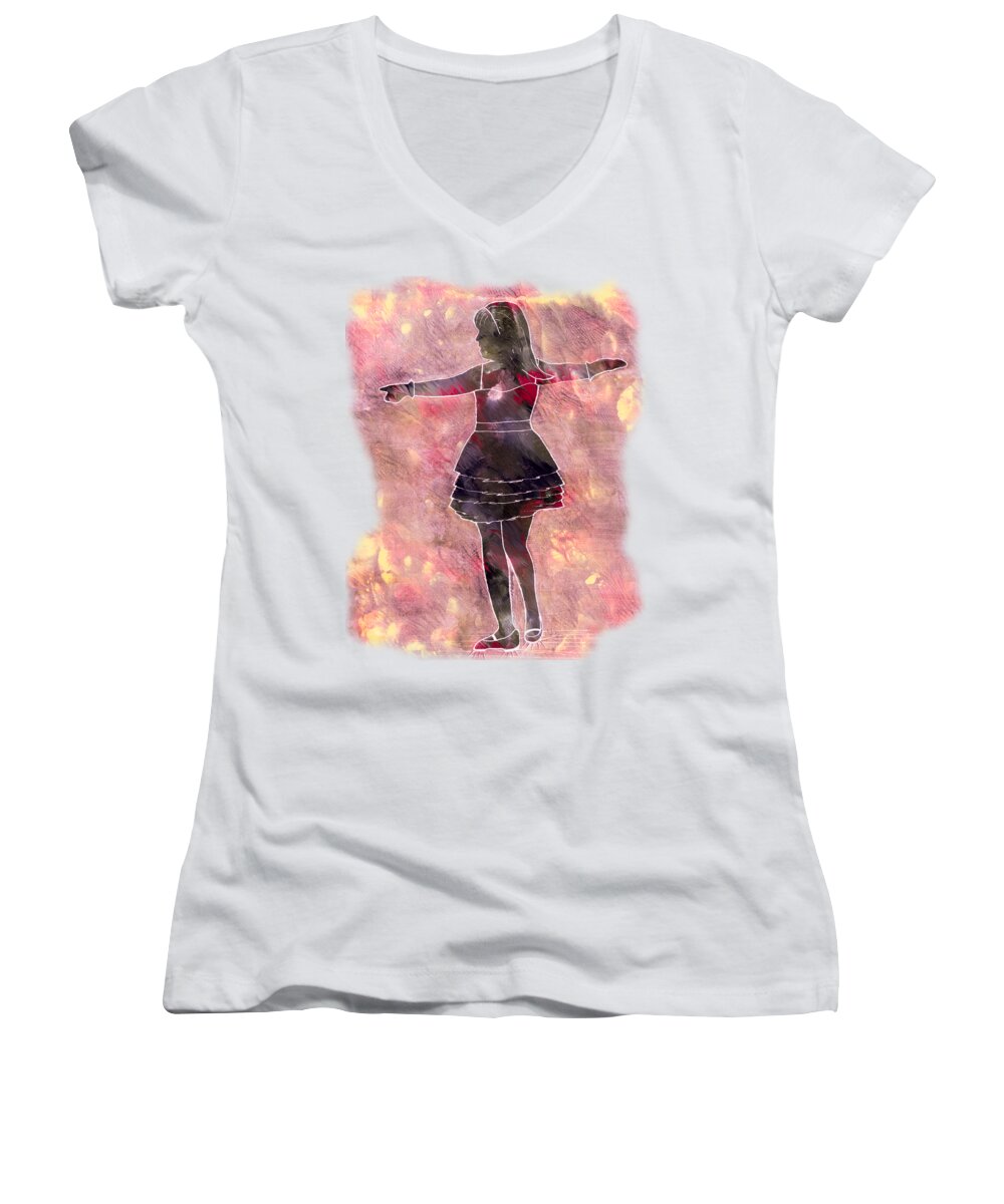 Silhouette Women's V-Neck featuring the painting Tap Dancer 2 - Pink by Lori Kingston