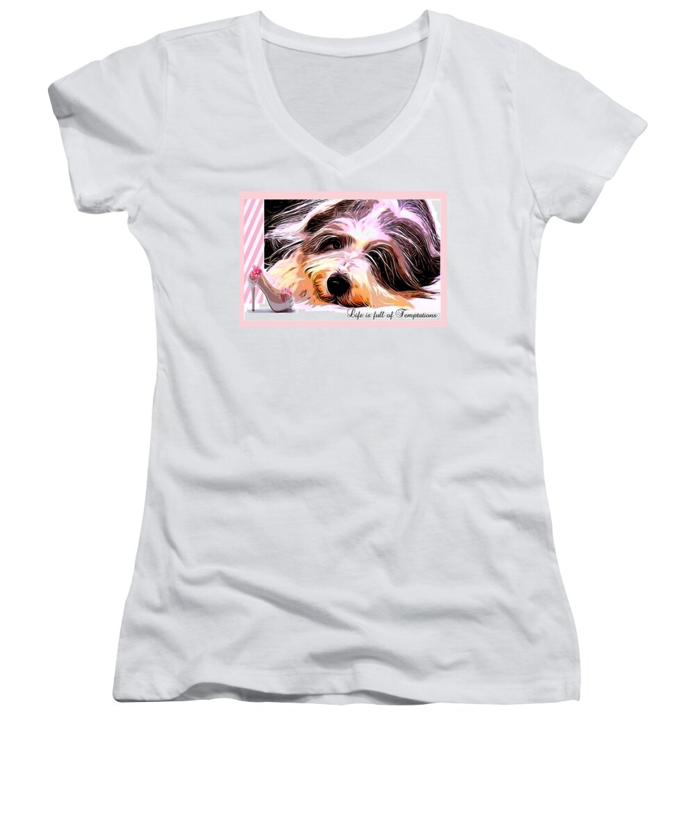 Bearded Collie Women's V-Neck featuring the digital art Temptation by Kathy Kelly