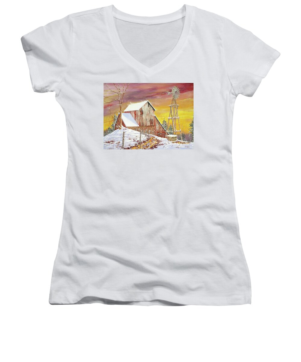 Texas Women's V-Neck featuring the painting Texas Coldfront by Michael Dillon