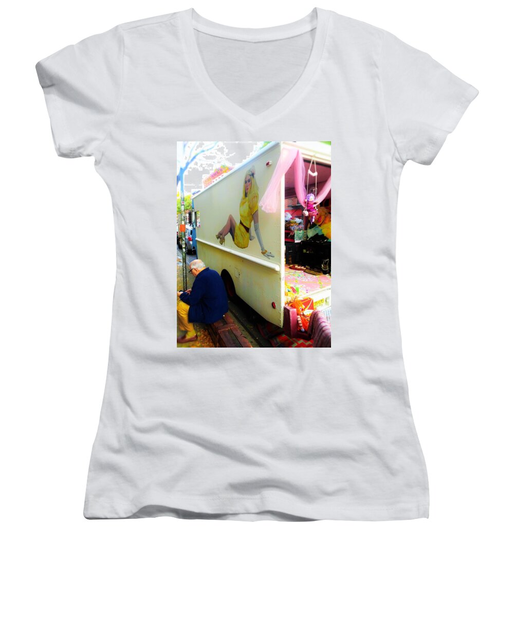 Man Women's V-Neck featuring the photograph Texting under her watchful eye by Funkpix Photo Hunter