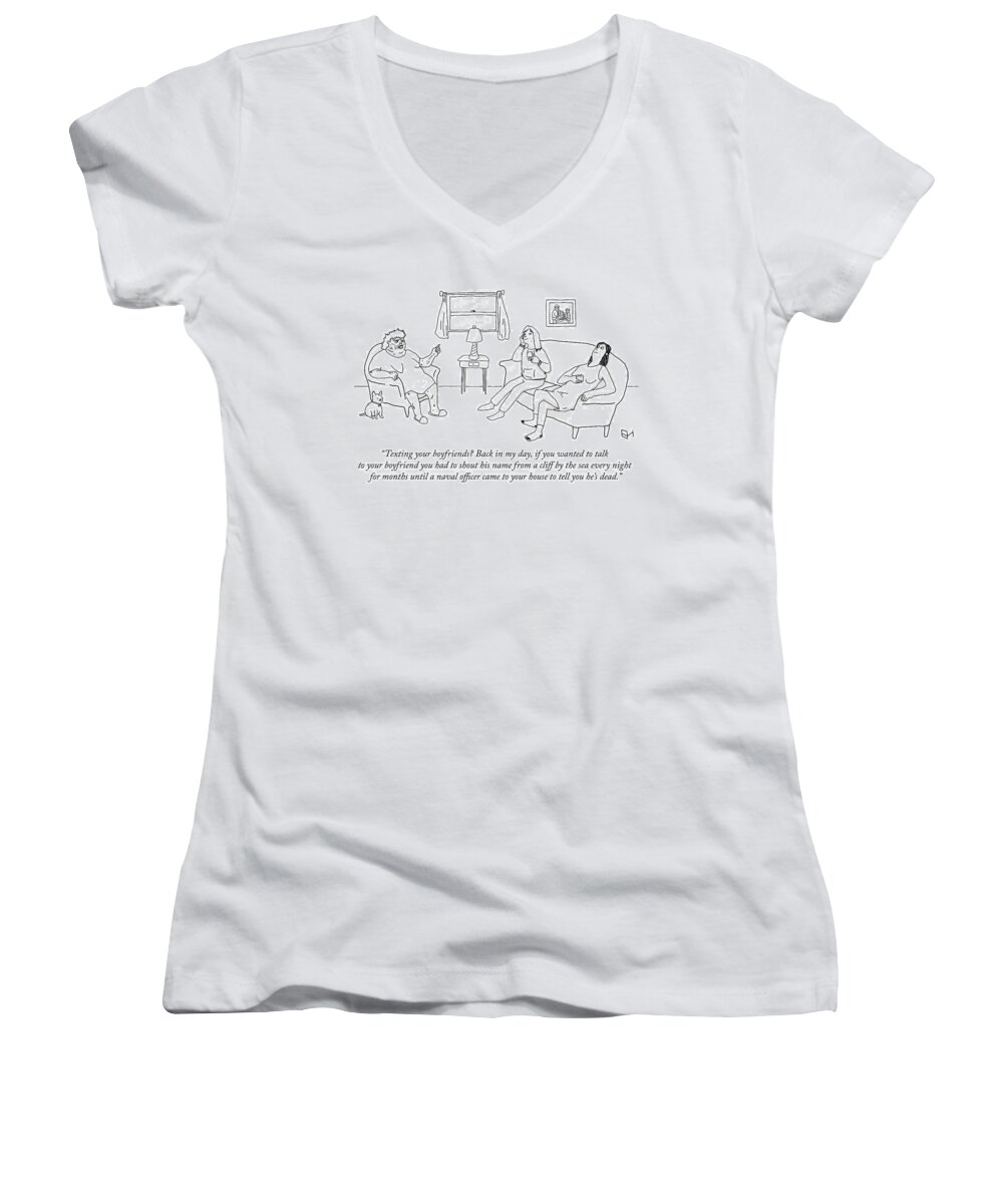 texting Your Boyfriends? Back In My Day Women's V-Neck featuring the drawing Texting your boyfriends by Emma Hunsinger