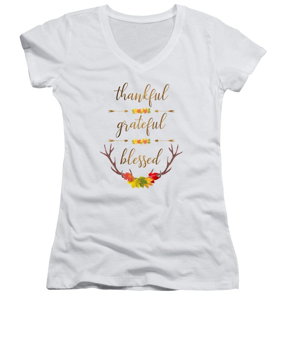 Thankful Women's V-Neck featuring the digital art Thankful grateful blessed Fall Leaves Antlers by Georgeta Blanaru