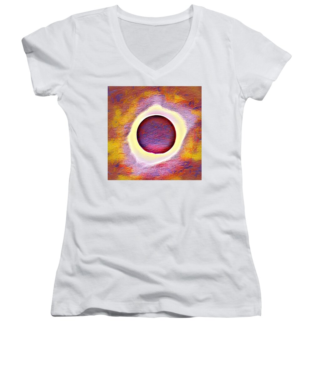 Graphic Women's V-Neck featuring the digital art The aura of the eclipse by Michael Oceanofwisdom Bidwell