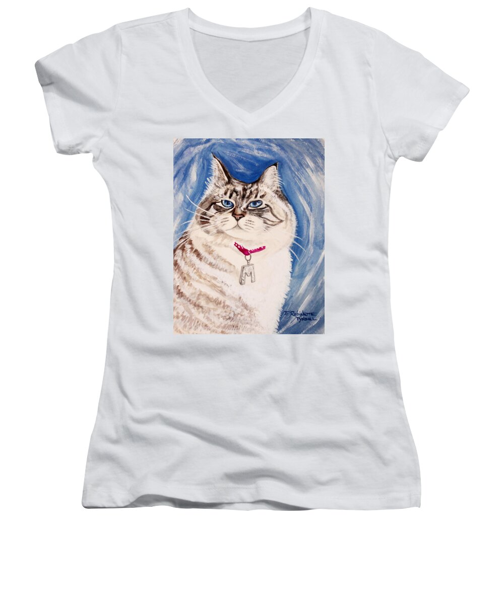 Cat Women's V-Neck featuring the painting The Blue-Eyed Ragdoll by Elizabeth Robinette Tyndall