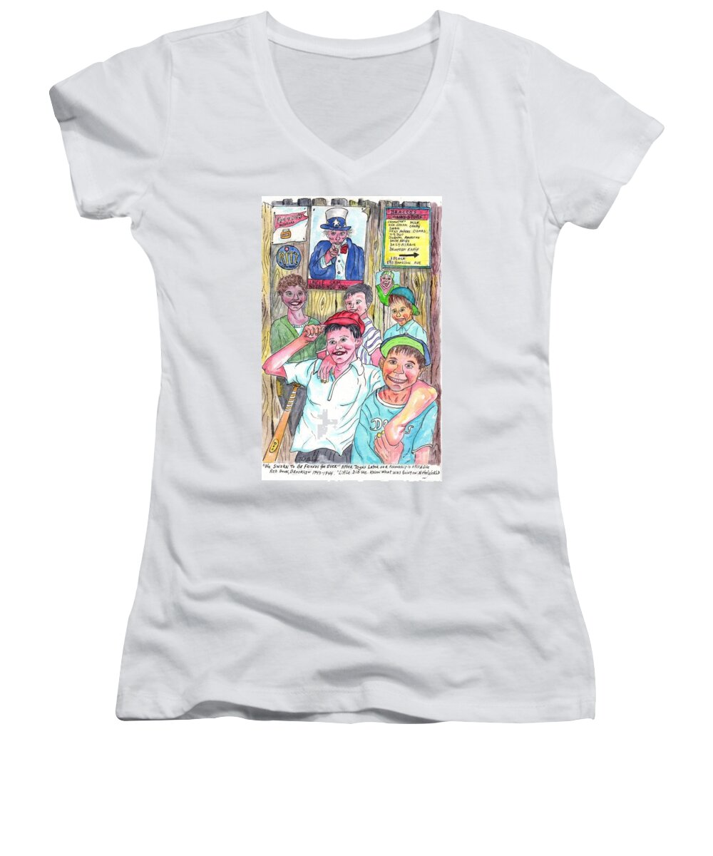1940's Artist Ball Game Bklyn  Fine Art Fine Art Photography Life On The Porch Life On The Stoop Phil Bracco Philip Bracco Red Hook Robbie Bracco Robbiebracco Robbie Bracco Women's V-Neck featuring the painting The Boys Of Spring by Philip And Robbie Bracco