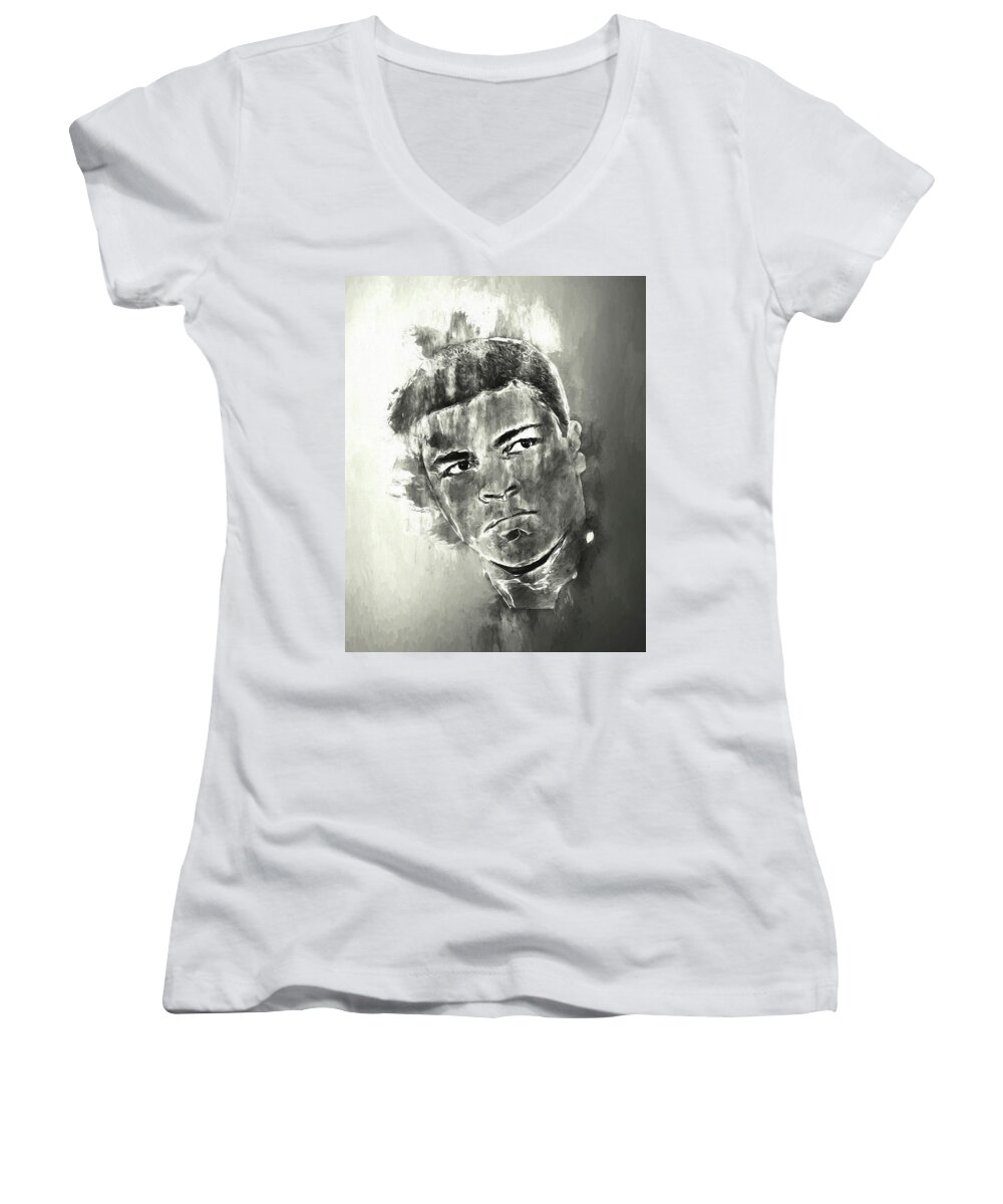 7s Flex Women's V-Neck featuring the digital art The Champ monochrome by Jack Torcello