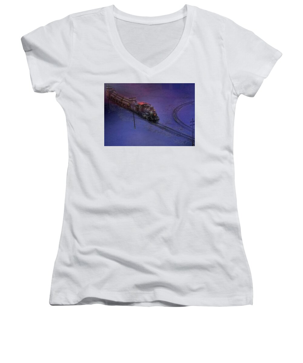 Transportation Women's V-Neck featuring the photograph The Early Train by Ches Black