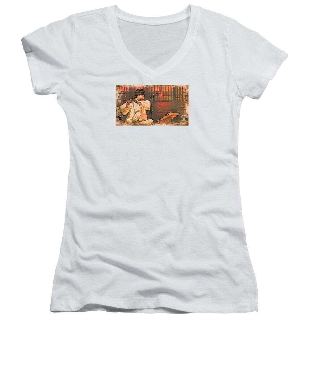 Asia Women's V-Neck featuring the digital art The Flautist by Cameron Wood