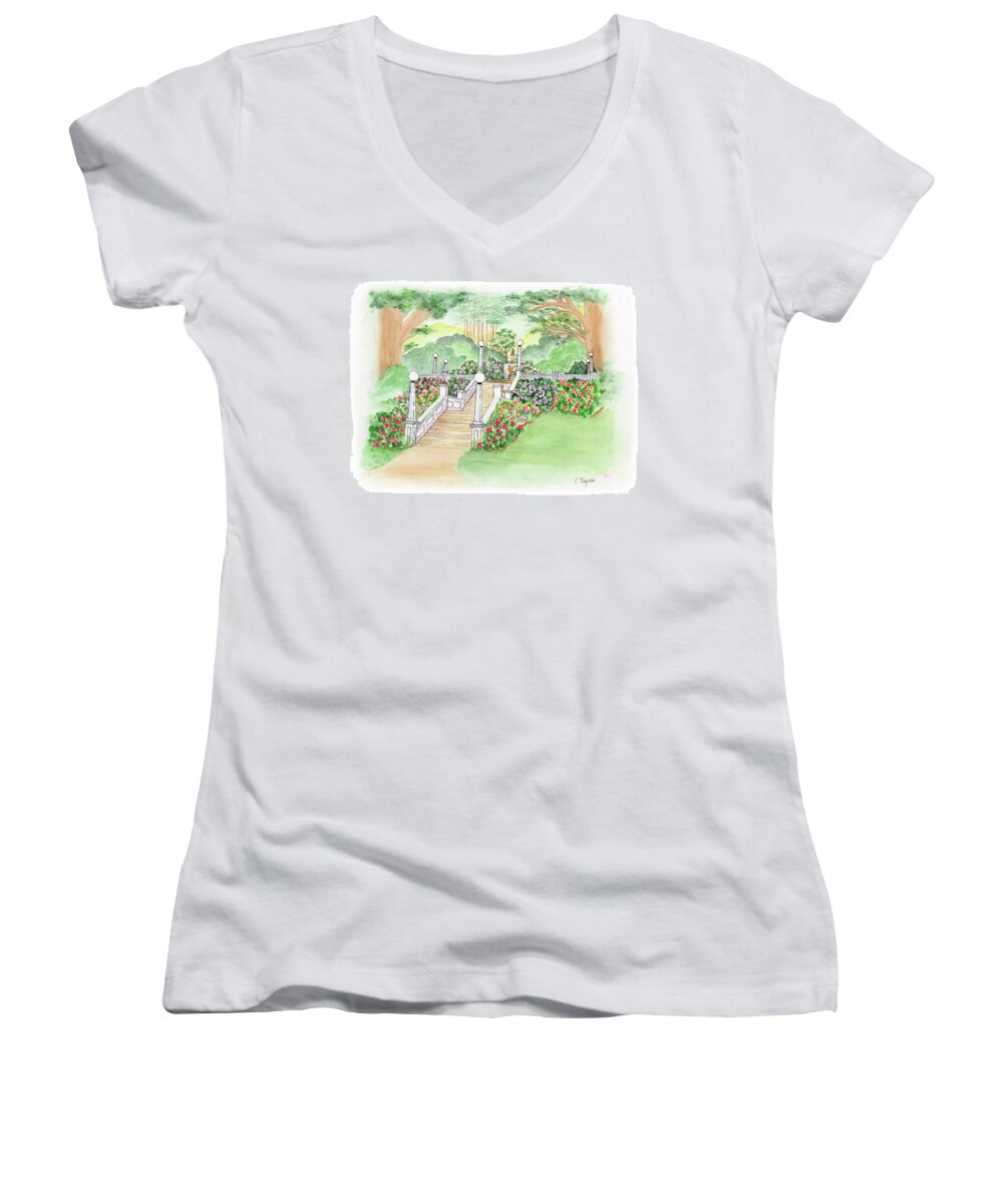 Fountain Women's V-Neck featuring the painting The Fountain by Lori Taylor