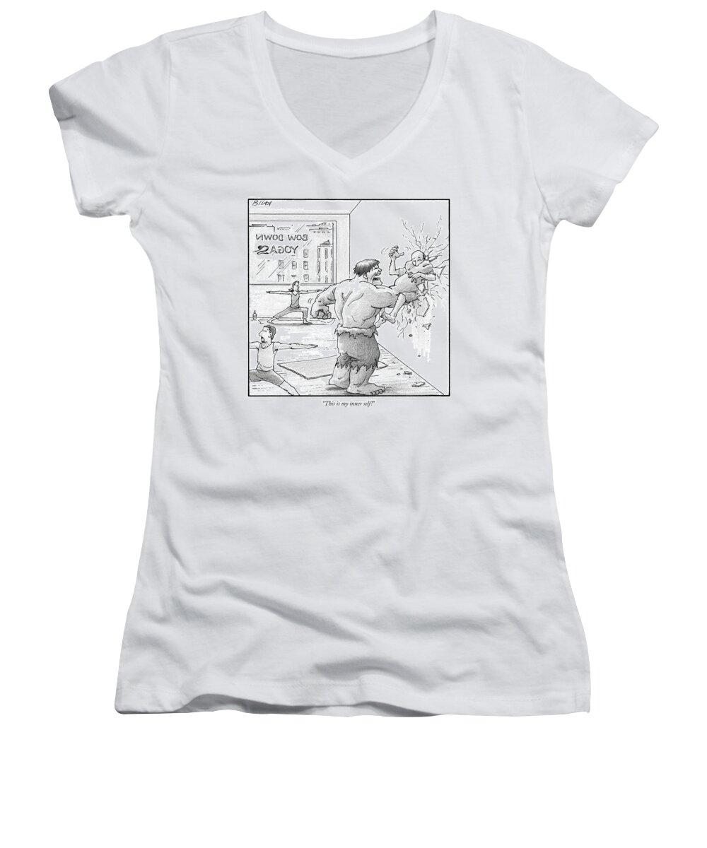 this Is My Inner Self! Women's V-Neck featuring the drawing The Hulk Crushes A Man Against A Wall In A Yoga by Harry Bliss