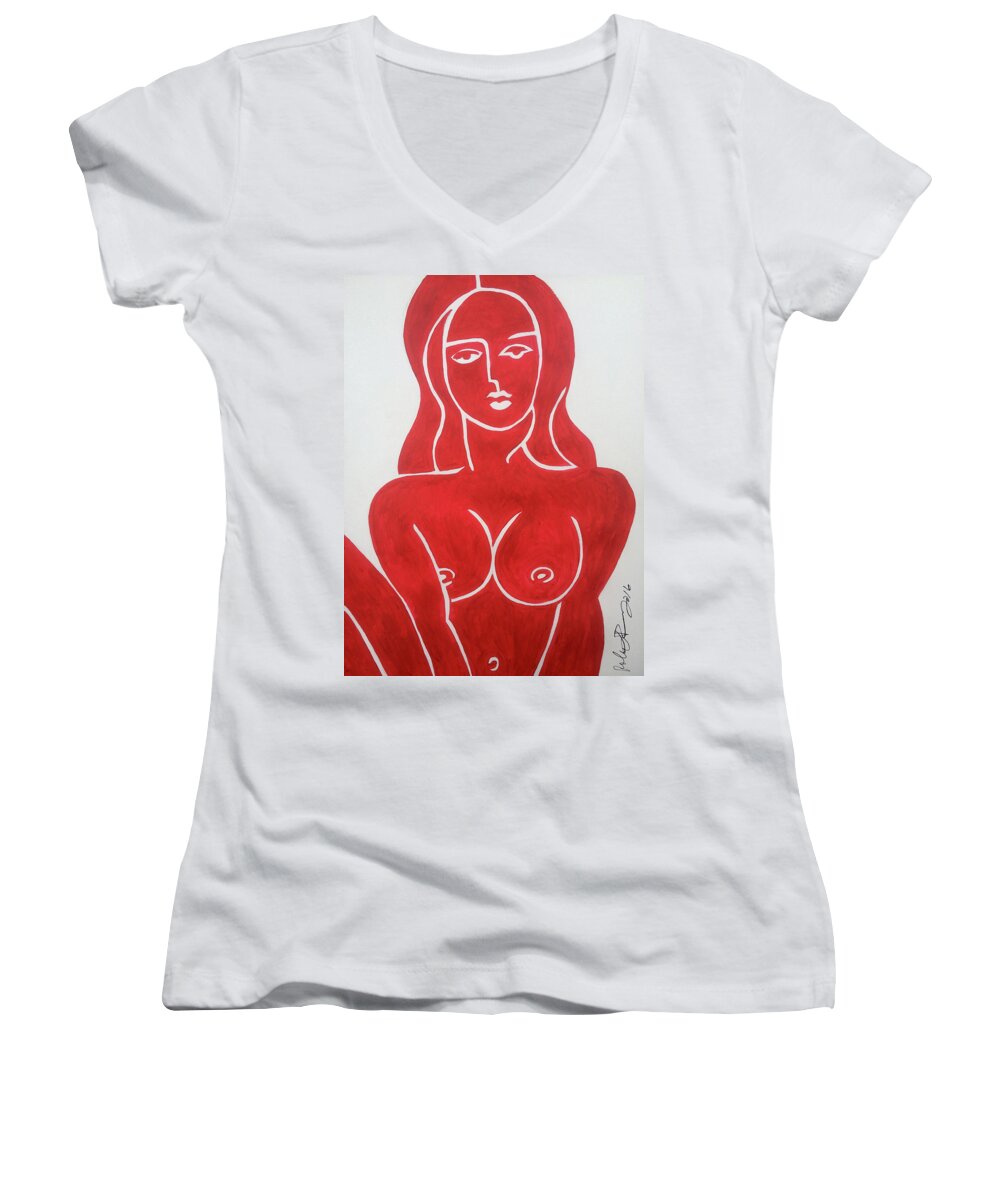 Nude Girl Women's V-Neck featuring the painting The Lady in Red Erotic Nude Female Woman by Robert R Splashy Art Abstract Paintings