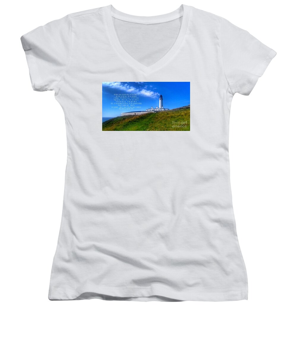 Lighthouse Women's V-Neck featuring the photograph The Lighthouse on The Mull with Poem by Joan-Violet Stretch