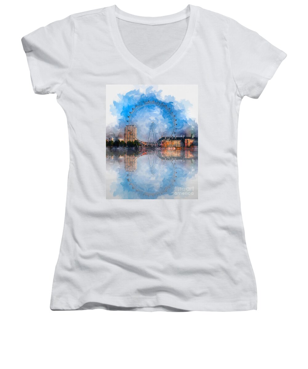 London Women's V-Neck featuring the mixed media The London Eye by Ian Mitchell