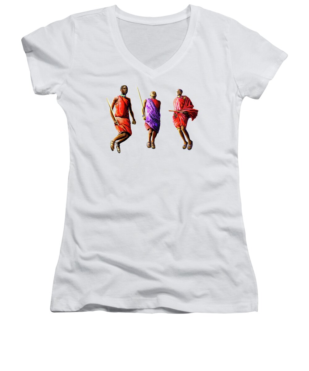 Africa Women's V-Neck featuring the painting The Maasai Jump by Anthony Mwangi