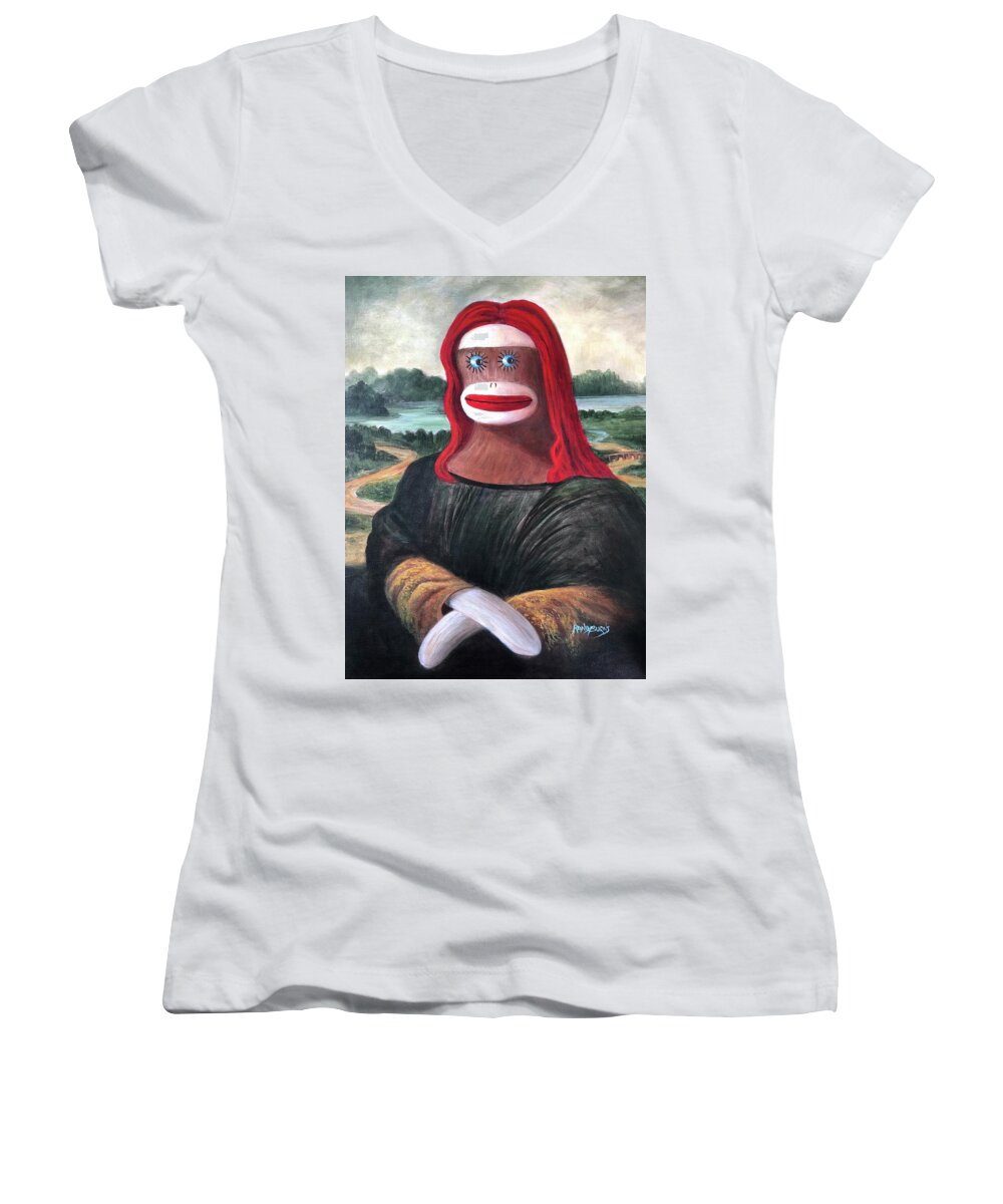 Mona Lisa Women's V-Neck featuring the painting The Monkey Lisa by Rand Burns