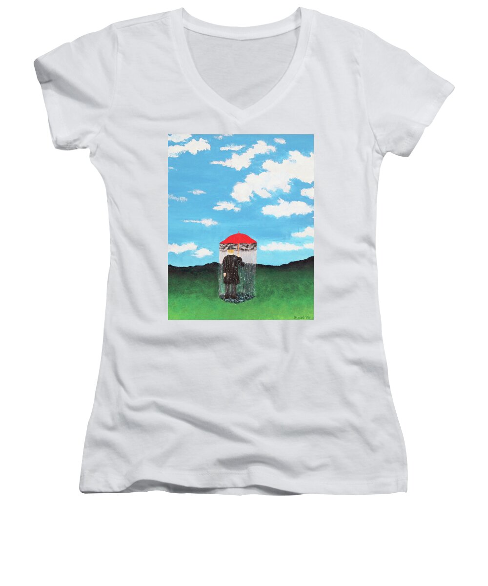 Magritte Women's V-Neck featuring the painting The Rainmaker by Thomas Blood