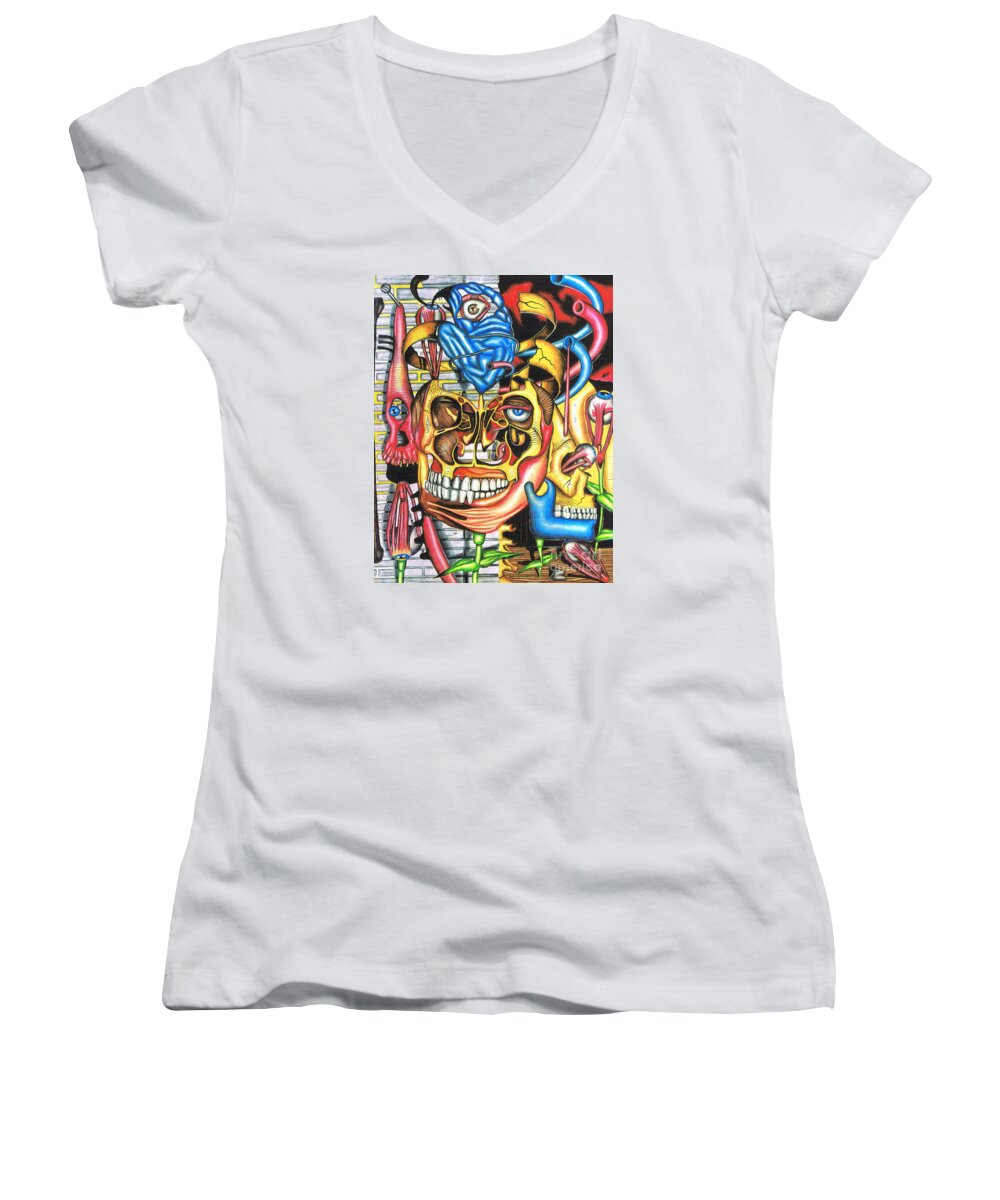 Anatomy Women's V-Neck featuring the drawing The Roots of Human Evolution by Justin Jenkins
