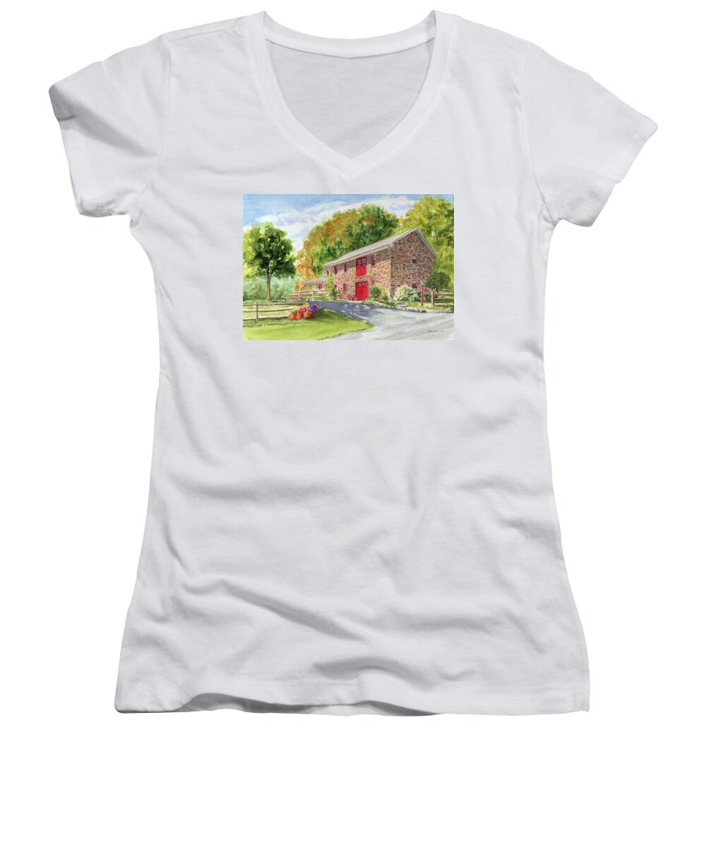 Stone Barn Women's V-Neck featuring the painting The Stone House by Vikki Bouffard