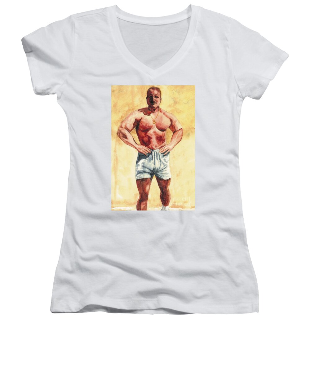Body Builder Women's V-Neck featuring the painting The Trainer by Vicki Housel