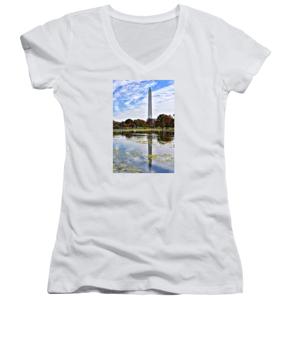 national Mall Women's V-Neck featuring the photograph The Washington Monument from Constitution Gardens by Brendan Reals