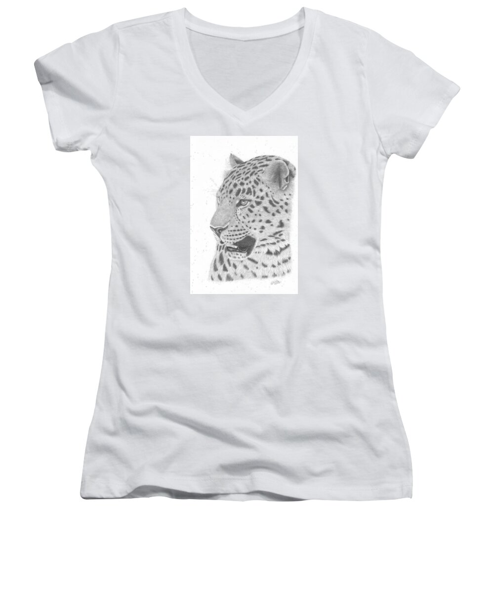 Leopard Women's V-Neck featuring the drawing The Watchful Leopard by Patricia Hiltz