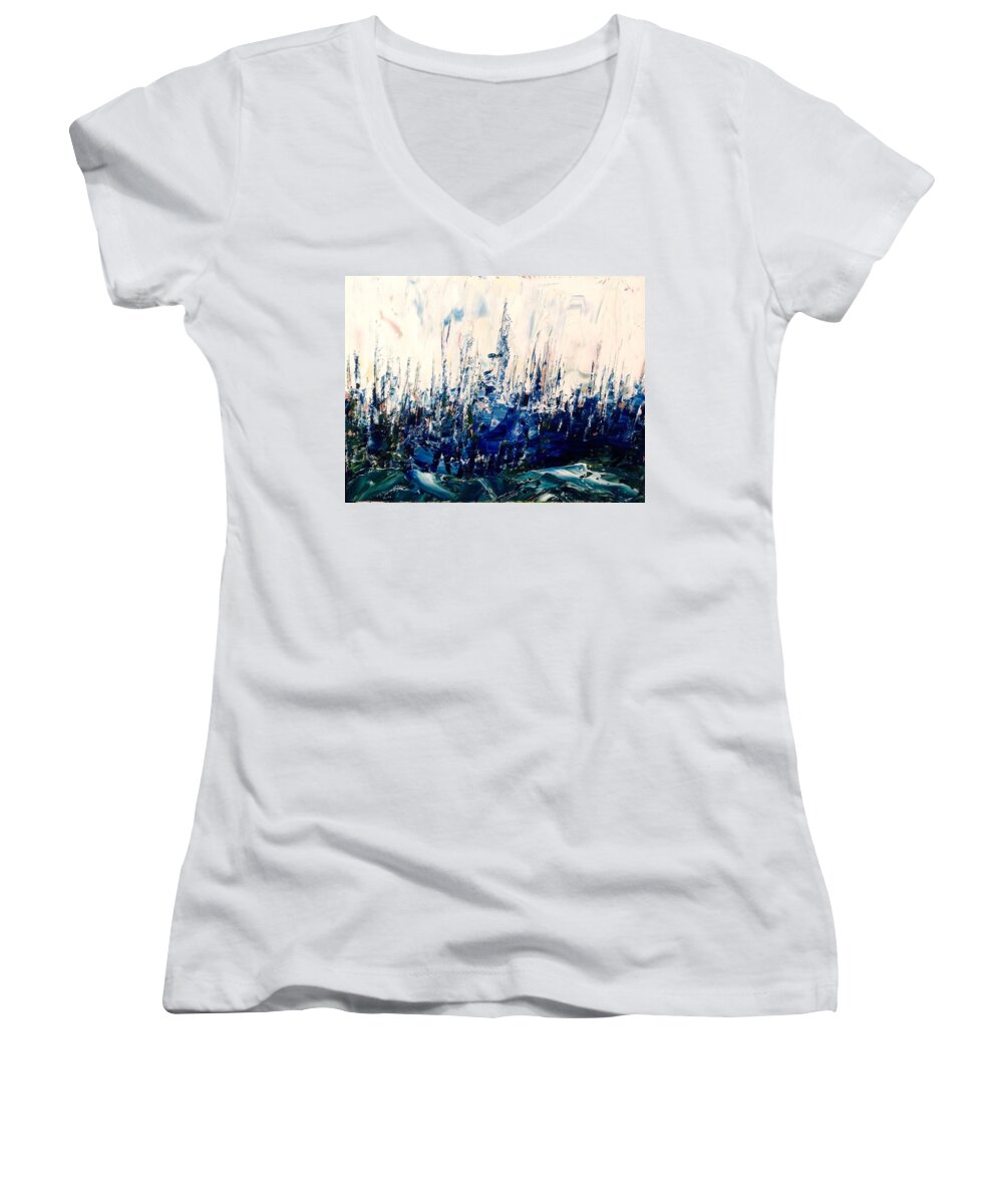Abstract Oil Landscape Painting Women's V-Neck featuring the painting The Woods - Blue No.3 by Desmond Raymond
