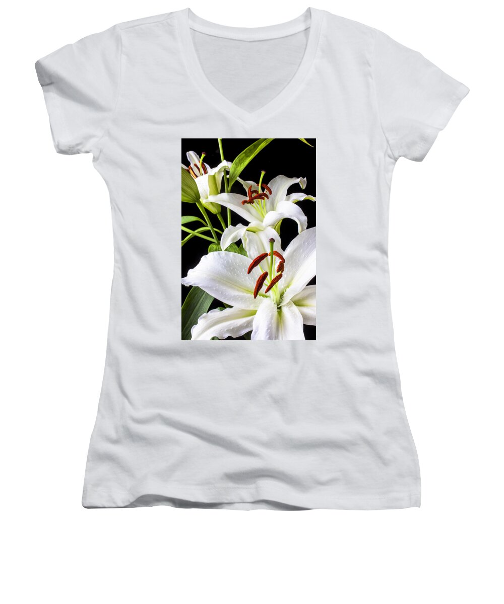 White Tiger Lily Women's V-Neck featuring the photograph Three white lilies by Garry Gay