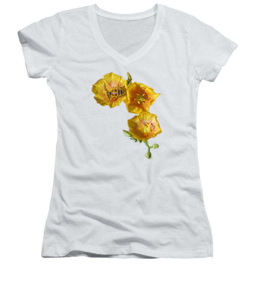 Flowers Women's V-Neck featuring the photograph Three Yellow Flowers with a Bee by Linda Phelps