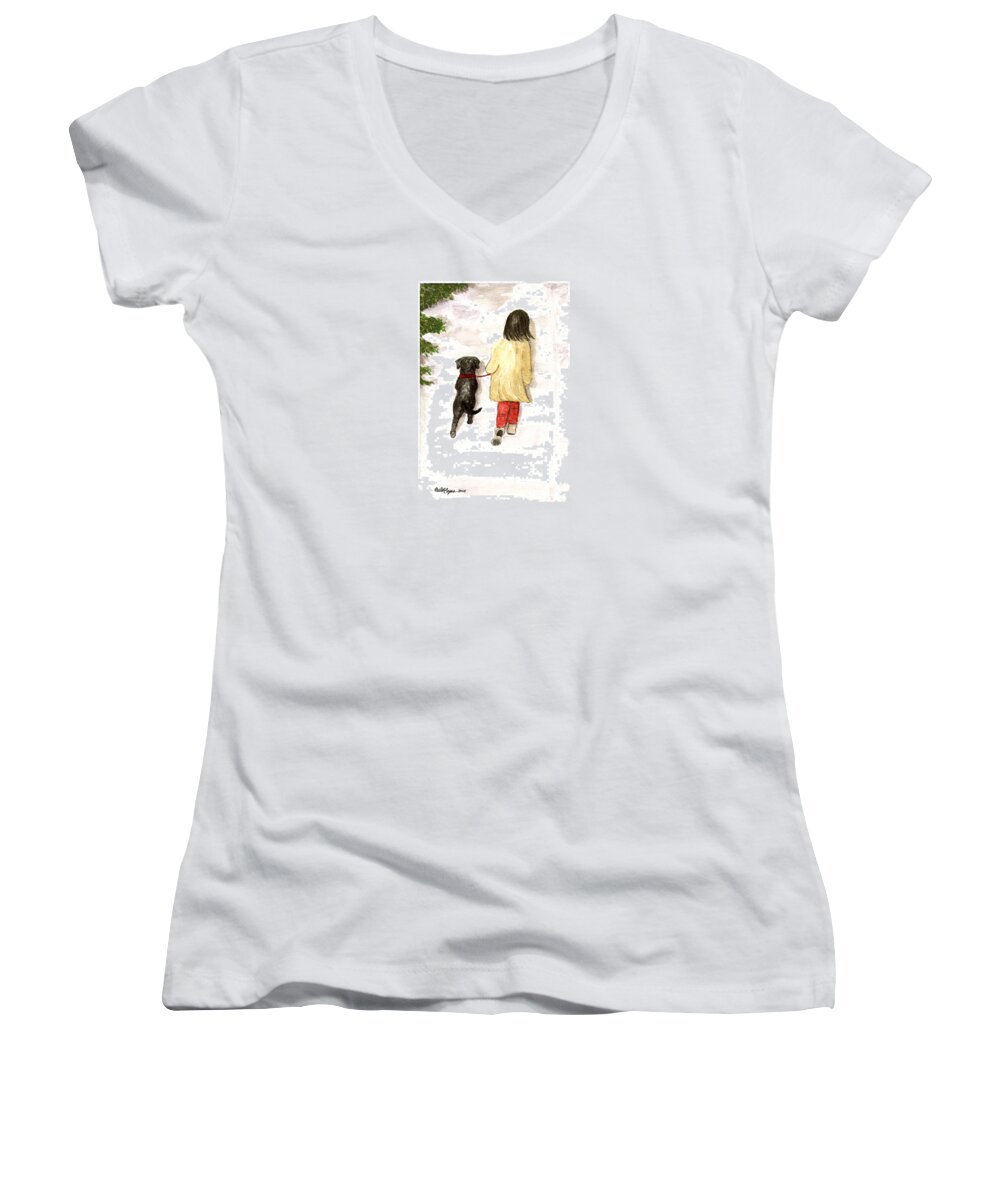 Lab Women's V-Neck featuring the painting Together - Black Labrador and Woman Walking by Amy Reges