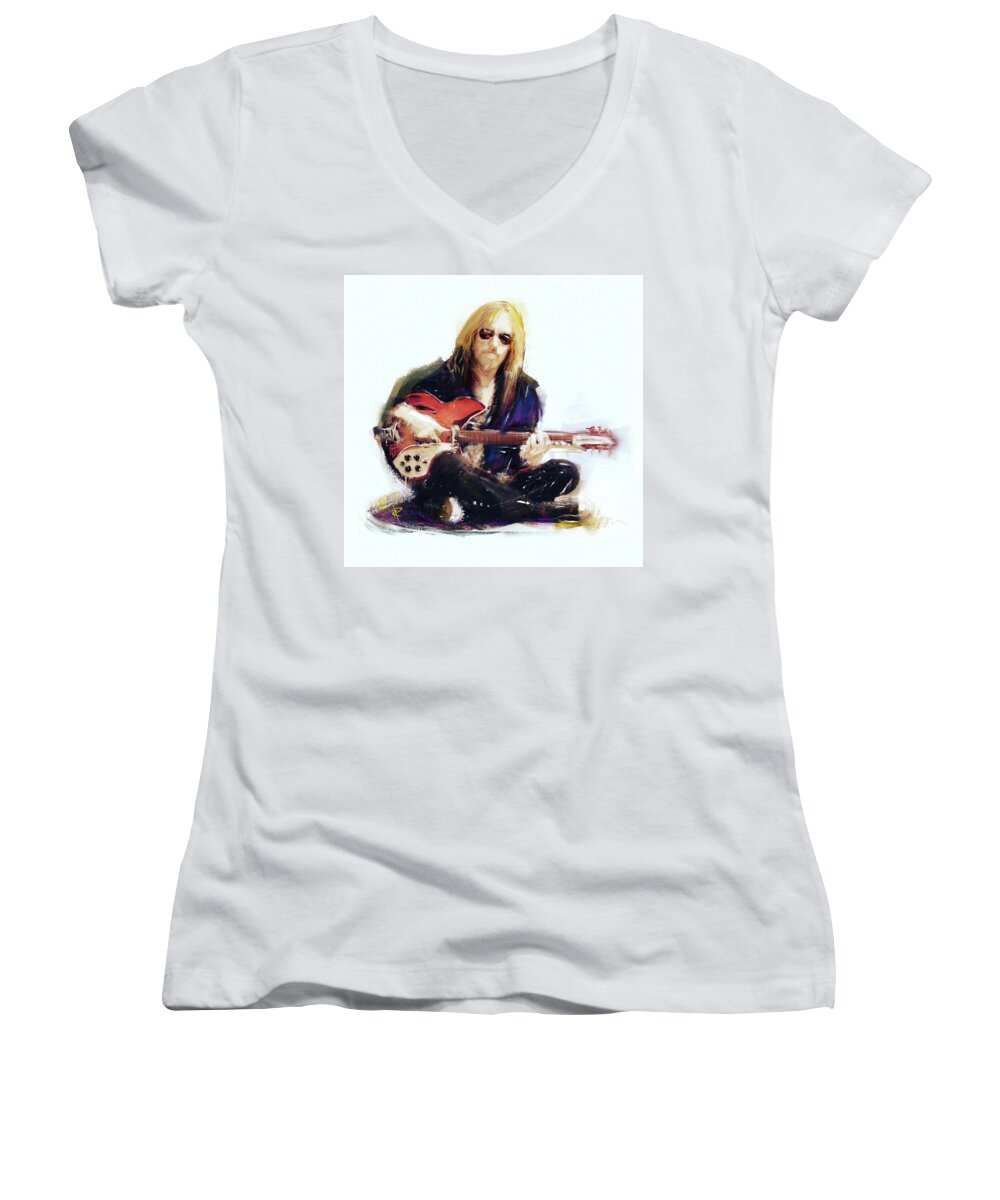 Tom Petty Women's V-Neck featuring the mixed media Tom Petty by Russell Pierce