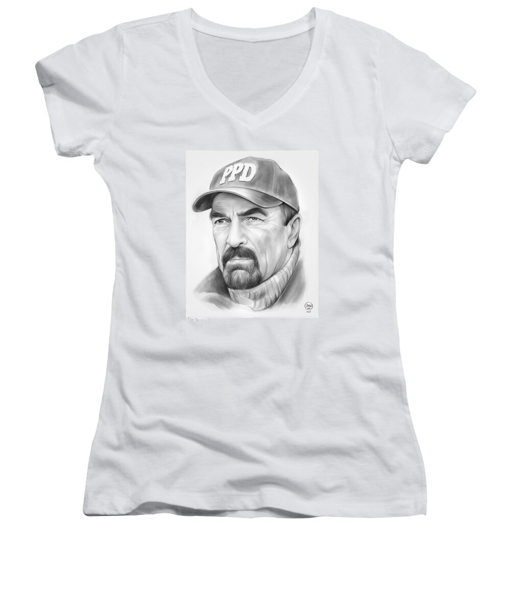 Tom Selleck Women's V-Neck featuring the drawing Tom Selleck by Greg Joens