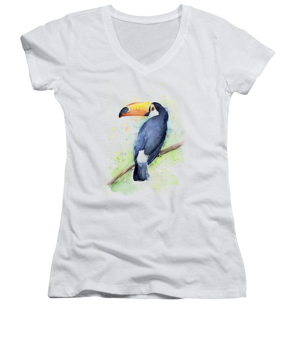 Watercolor Toucan Women's V-Neck featuring the painting Toucan Watercolor by Olga Shvartsur