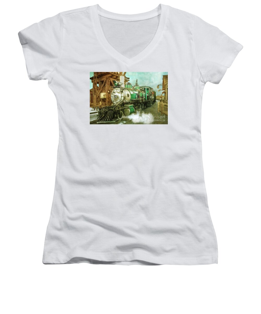 Americana Women's V-Neck featuring the painting Traveling by train by Claudia Ellis
