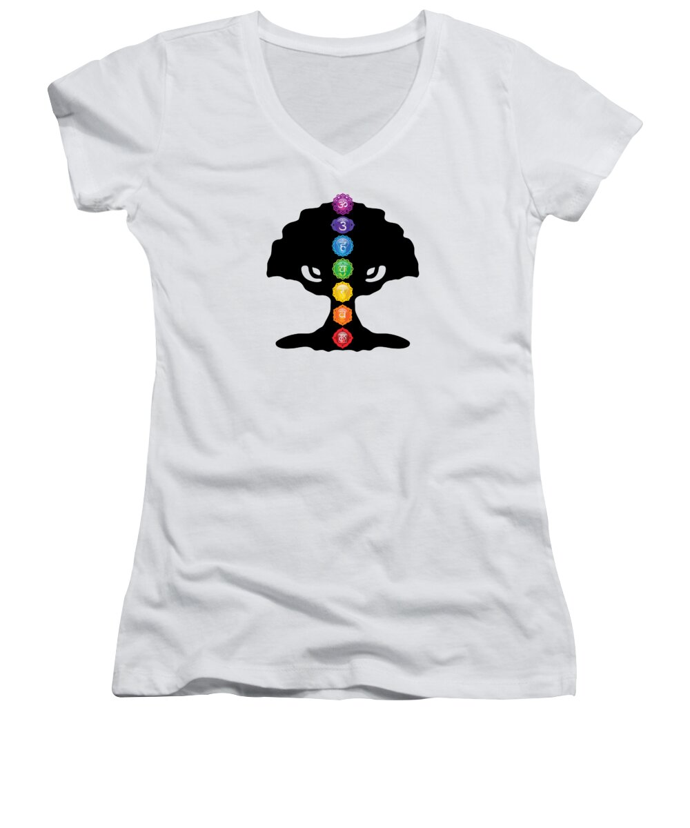 Ajneya Women's V-Neck featuring the digital art Tree Of Life Silhouette With Seven Chakras by Serena King