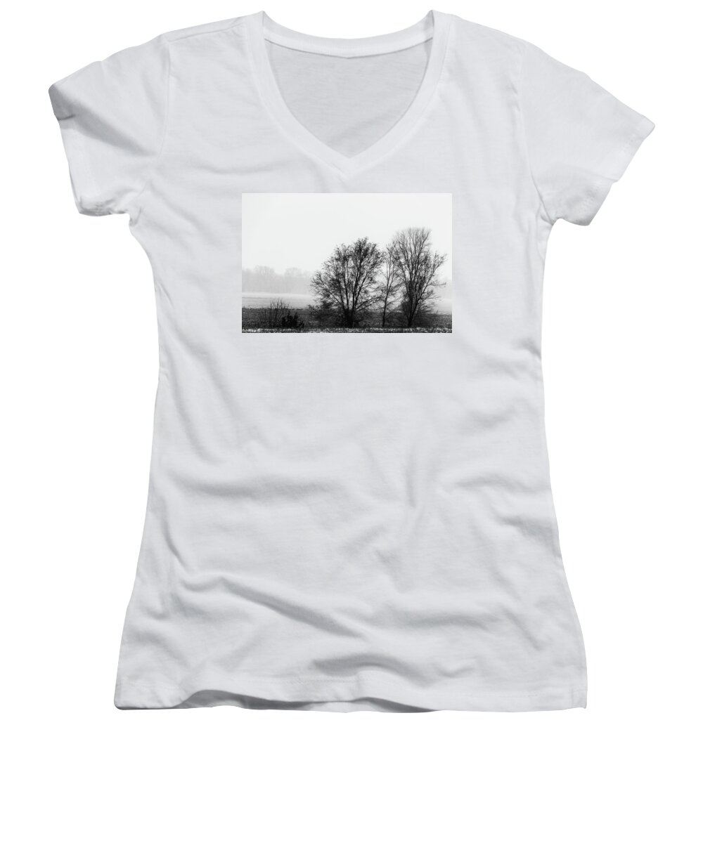 Jay Stockhaus Women's V-Neck featuring the photograph Trees in the Mist by Jay Stockhaus