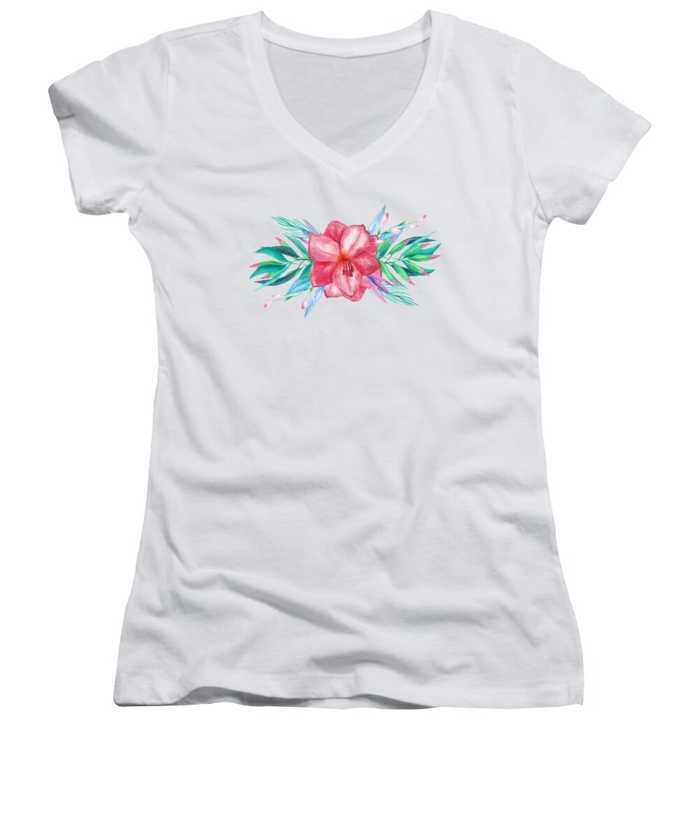 Delicate Women's V-Neck featuring the painting Tropical Watercolor Bouquet 5 by Elaine Plesser