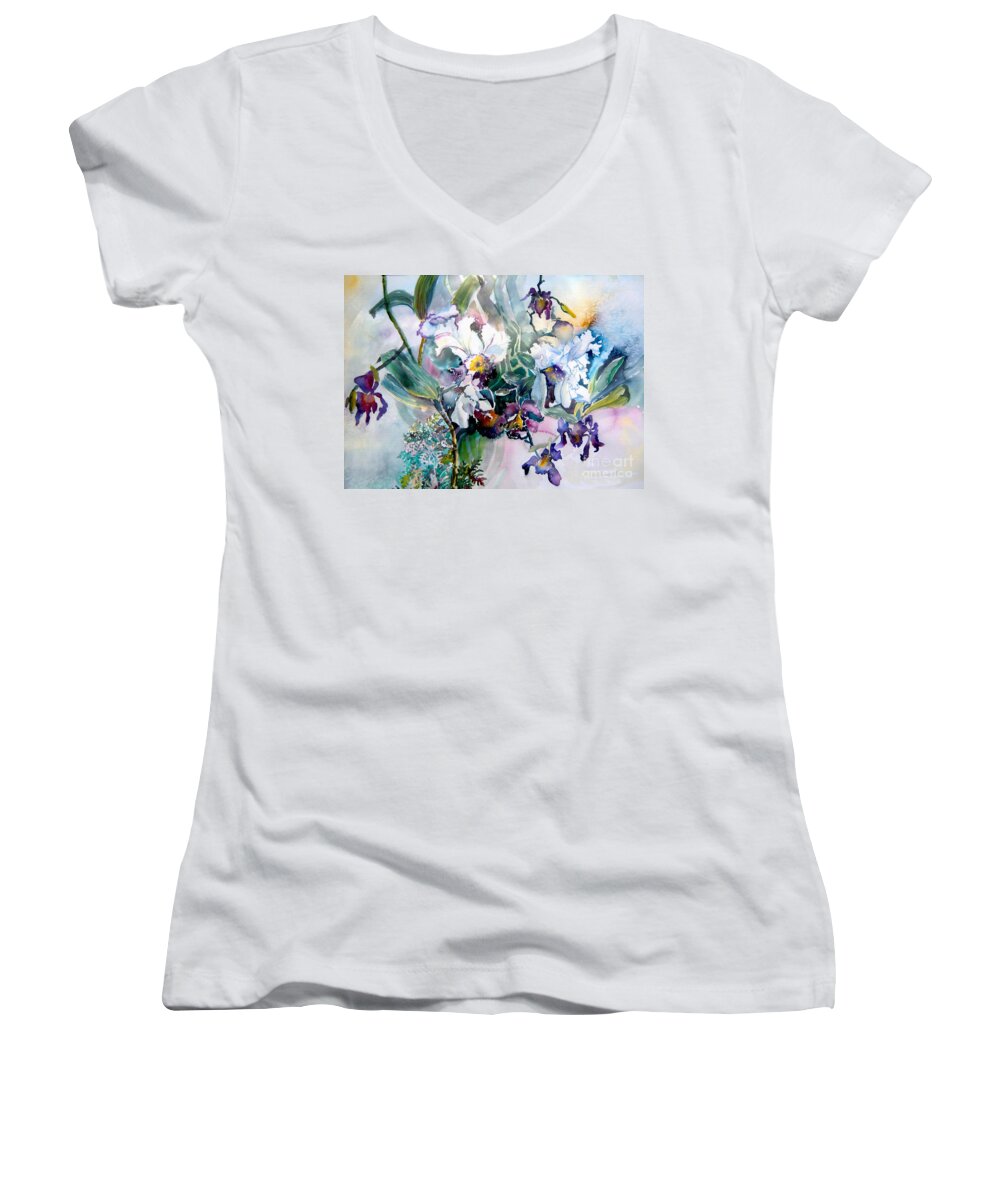 Orchids Women's V-Neck featuring the painting Tropical White Orchids by Mindy Newman