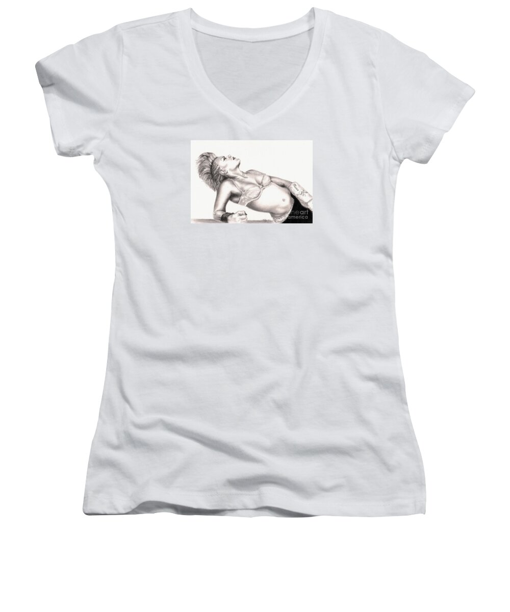 Pink Portrait Women's V-Neck featuring the drawing Trouble by Kathleen Kelly Thompson