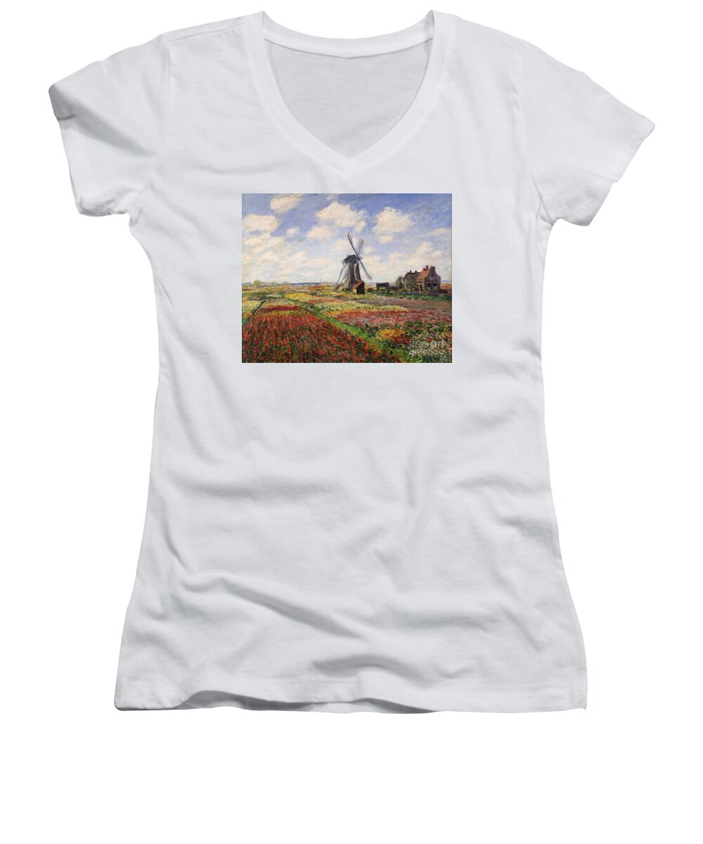 #faatoppicks Women's V-Neck featuring the painting Tulip Fields with the Rijnsburg Windmill by Claude Monet