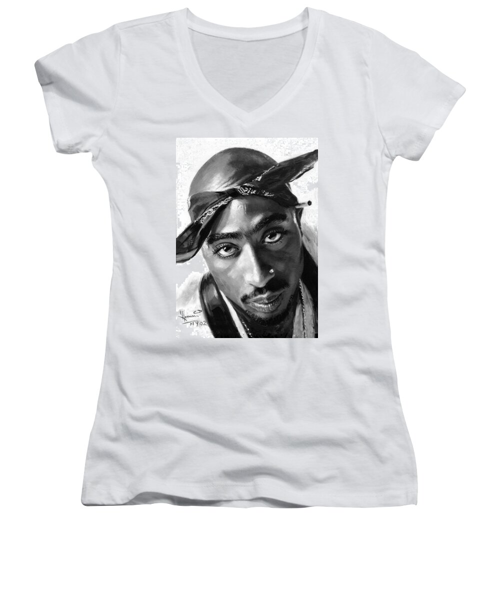 #faatoppicks Women's V-Neck featuring the painting Tupac Shakur by Ylli Haruni