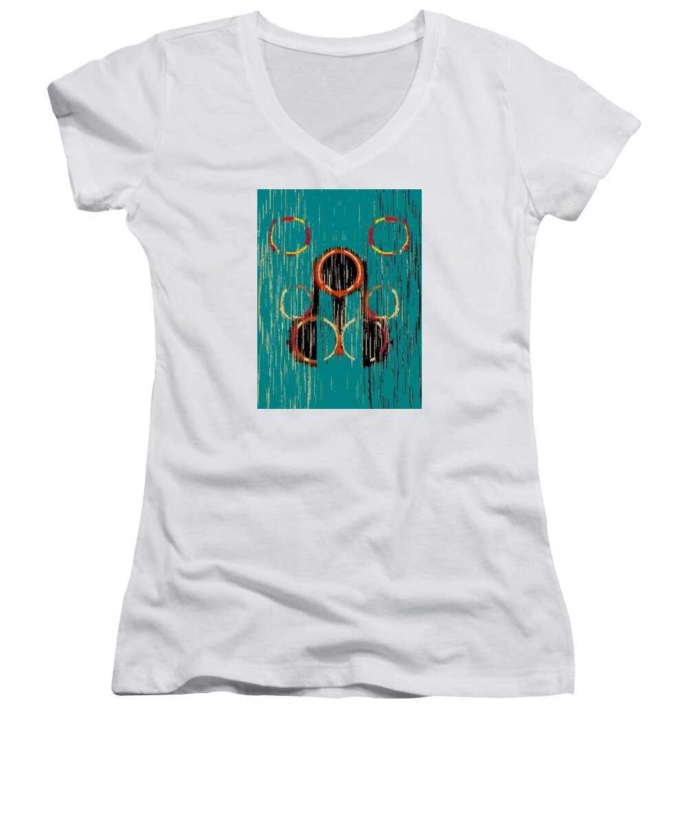Abstract Women's V-Neck featuring the digital art Turquoise Rings by Cooky Goldblatt