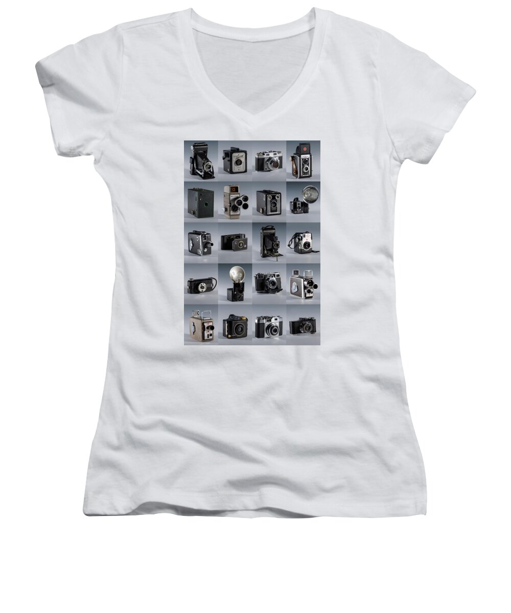 Old Camera Women's V-Neck featuring the photograph Twenty Old Cameras - Color by Art Whitton