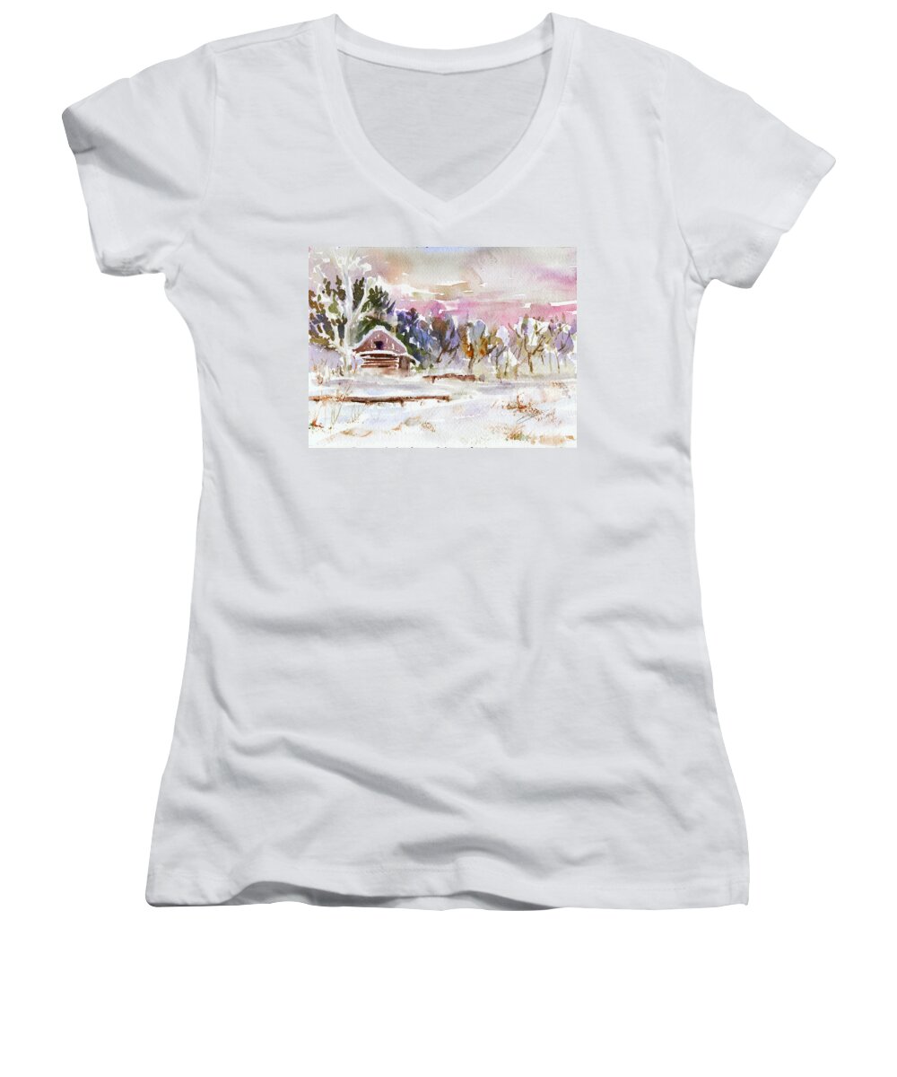Watercolor Women's V-Neck featuring the painting Twilight Serenade I by Xueling Zou