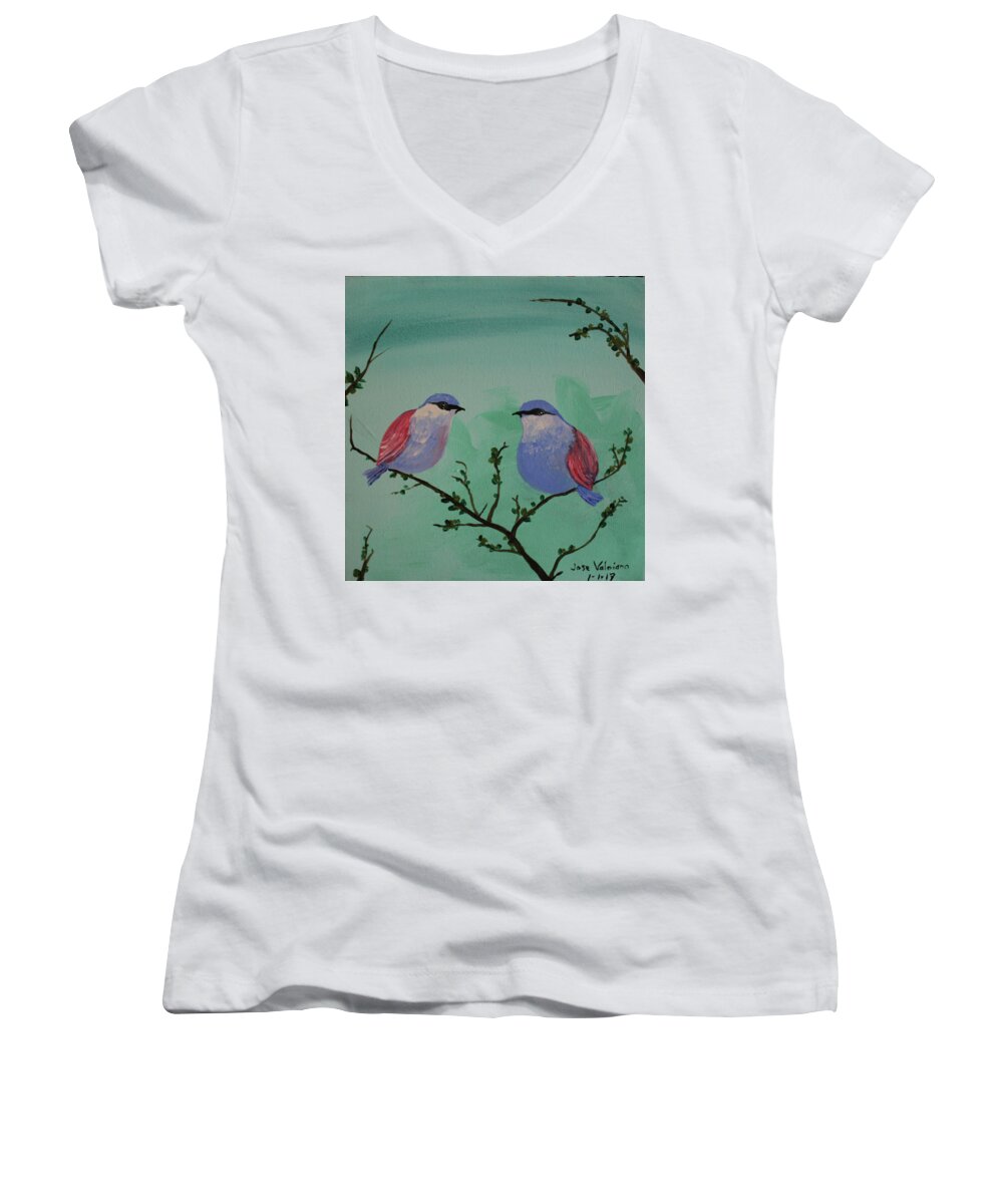 Acrylic Women's V-Neck featuring the painting Two Chickadees by Martin Valeriano
