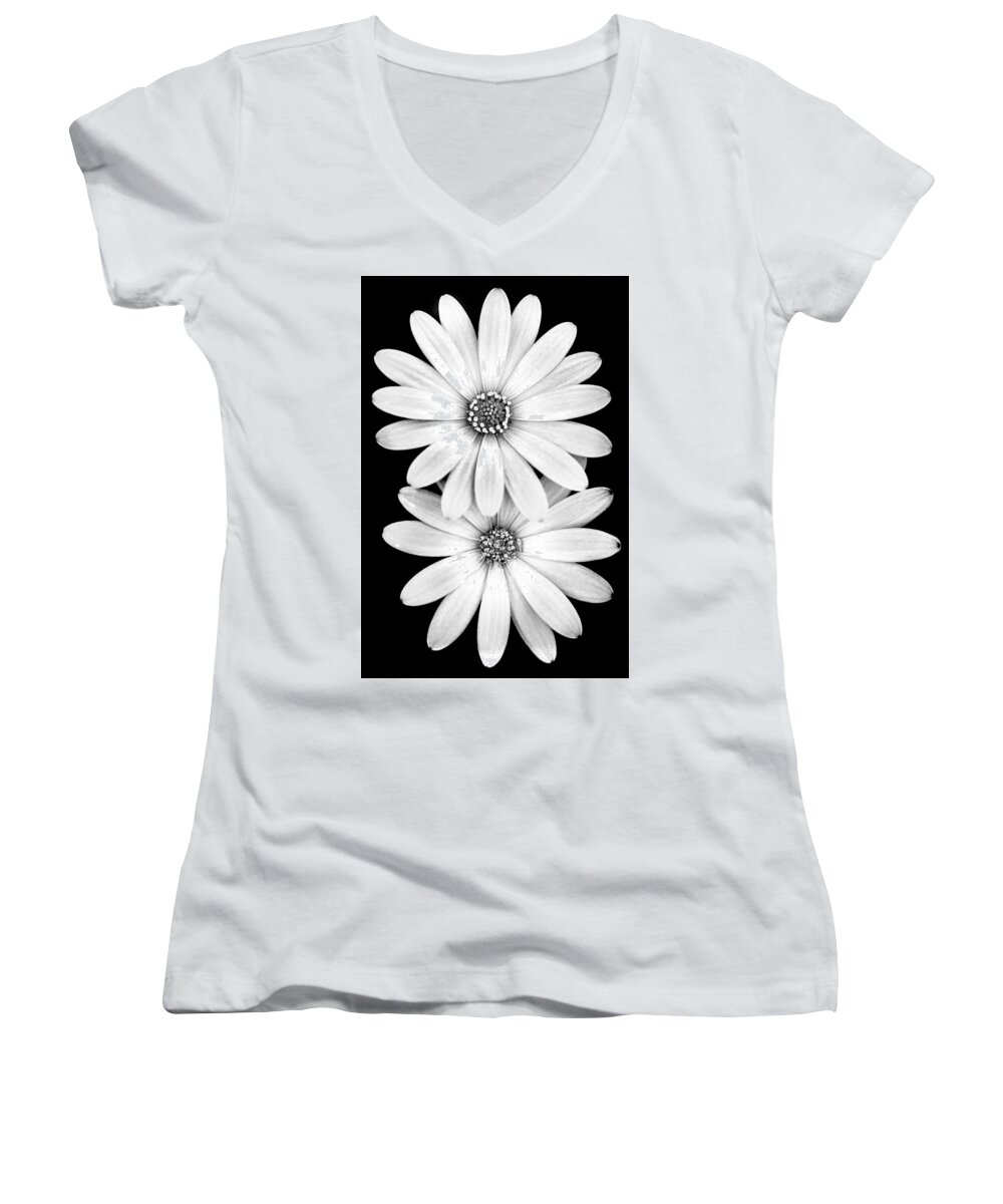 Black And White Spring Flowers Women's V-Neck featuring the photograph Two Flowers by Az Jackson